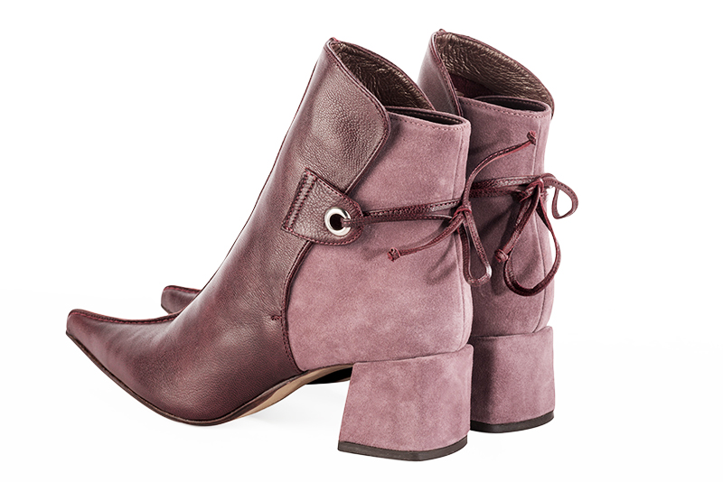 Women's wine red and dusty rose pink elegant ankle boots, with laces at the back. Pointed toe. Medium block heels - Rear view